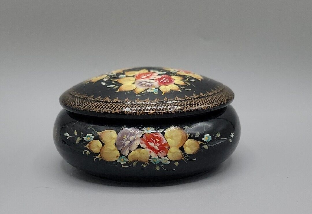 Vintage Russian Fedoskino Lacquer Box Wooden Trinket Jar Floral Design Signed 