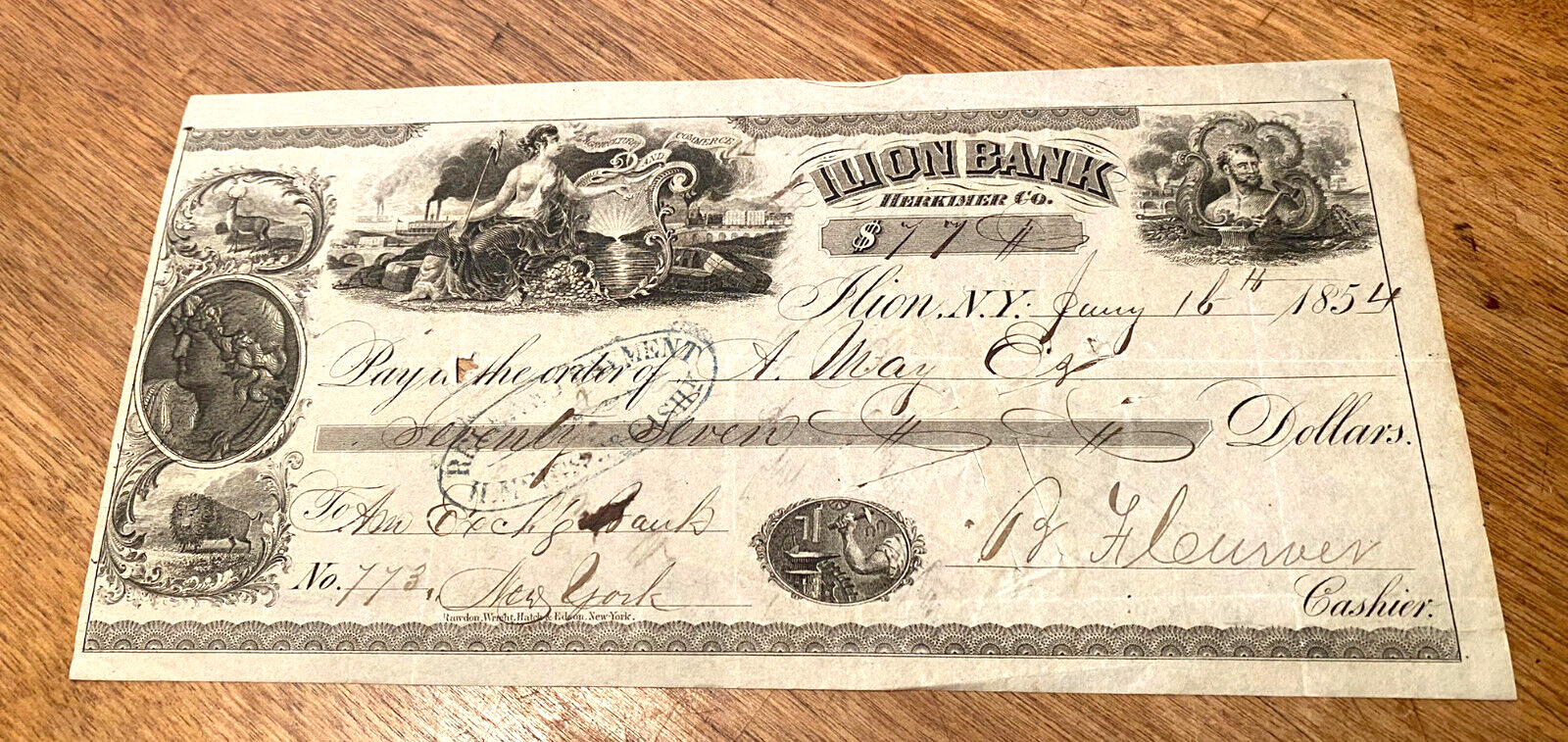 1854 Bank Check Ilion Bank New York, large fantastic vignettes, margins