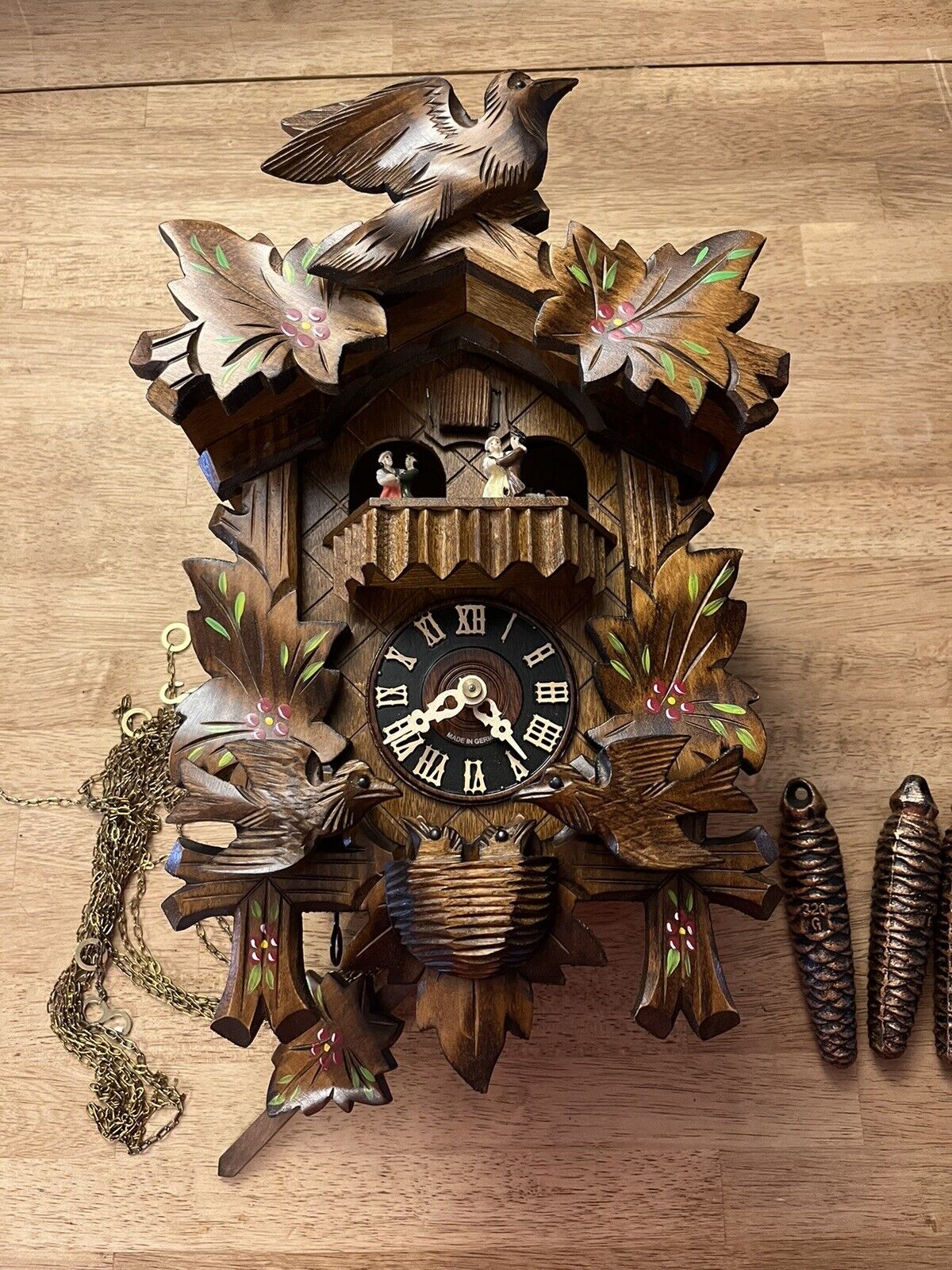 Old German Cuckoo Clock with Birds And Leaves Pendulum, 3  Weights Dancers