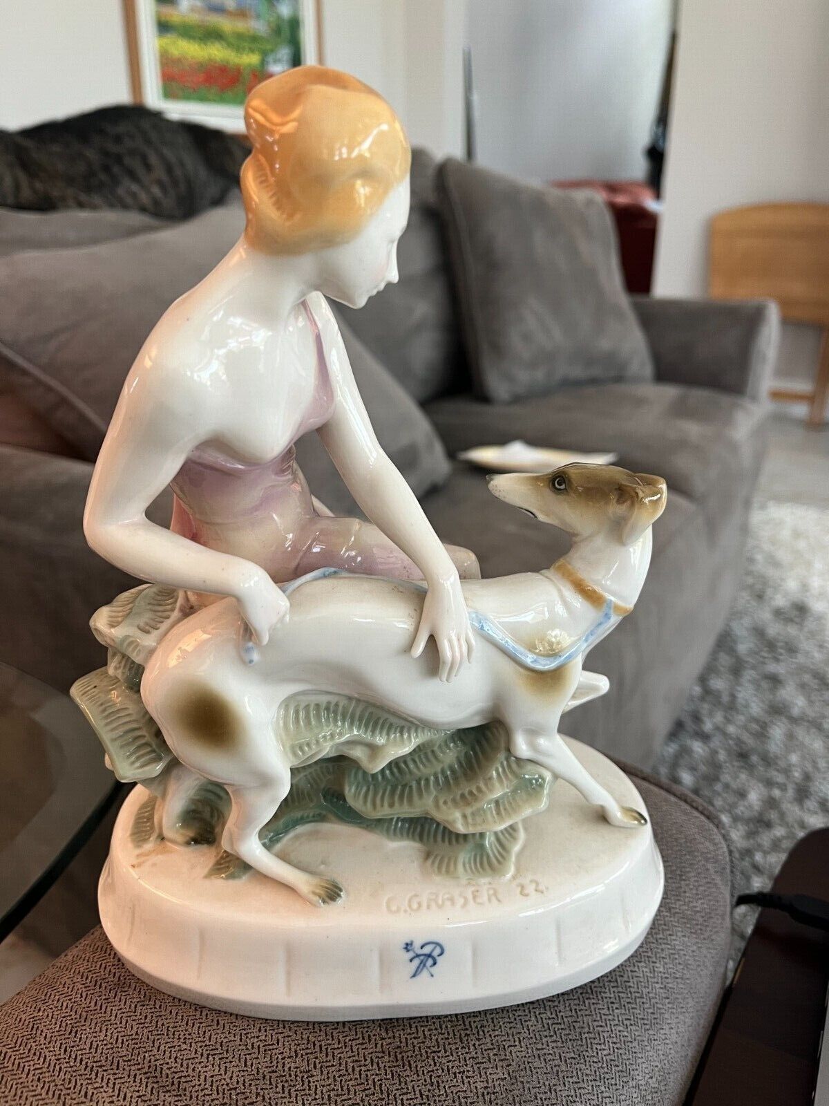 Rare Antique Carl Graser porcelain figurine Greyhound and Female figure signed