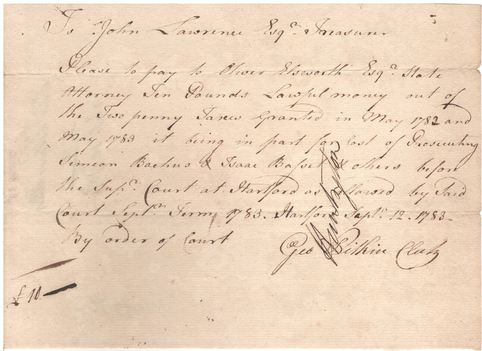 Handwritten Court Manuscript Signed by Oliver Ellsworth in 1783 w/ COA