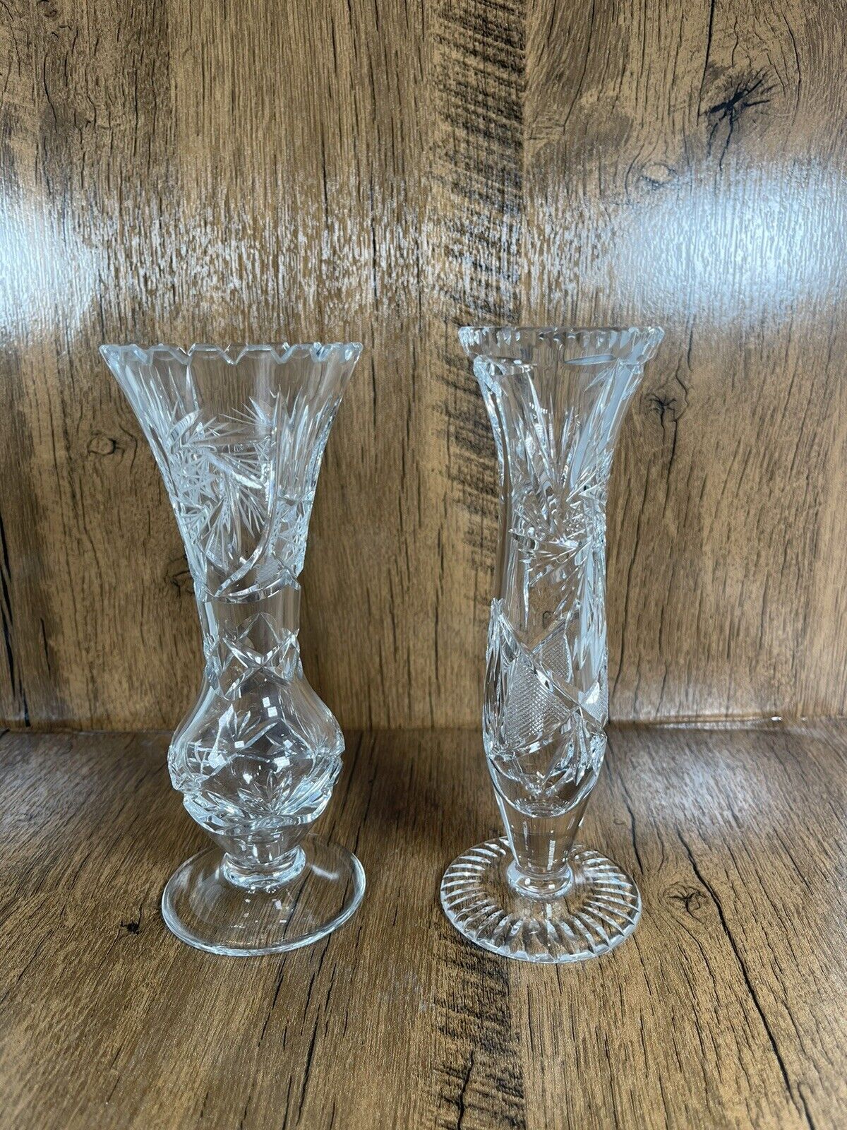 Pair Of Cut Glass Flower Vases Lead Crystal Pinwheel Pattern