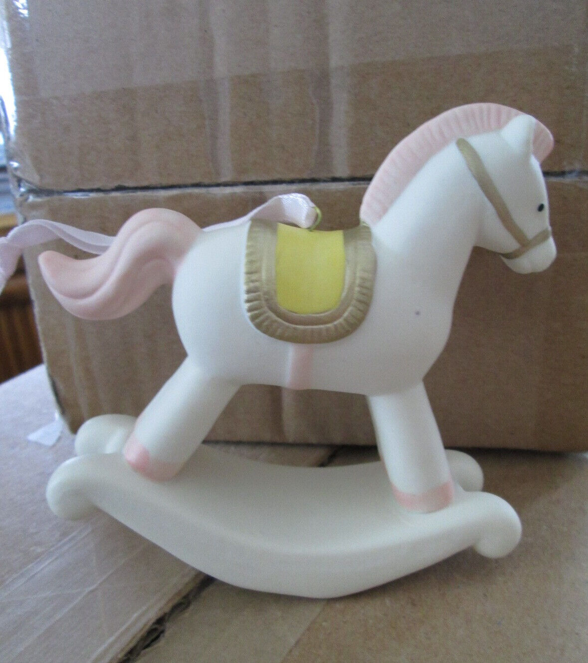 MACY\'S Porcelain Girl Baby\'s First Christmas NO DATE Rocking Horse Ornament NEW