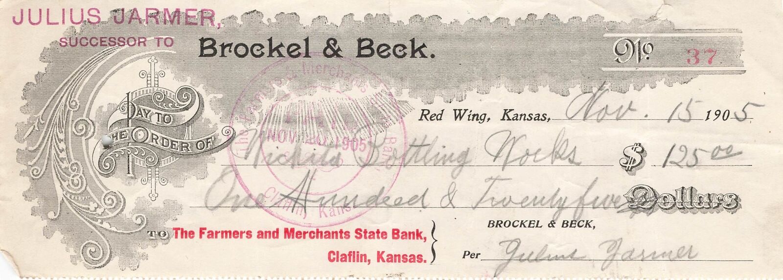 1905 Vintage Brocker & Beck Bank Check Farmers Merchants State Bank Claflin Ka