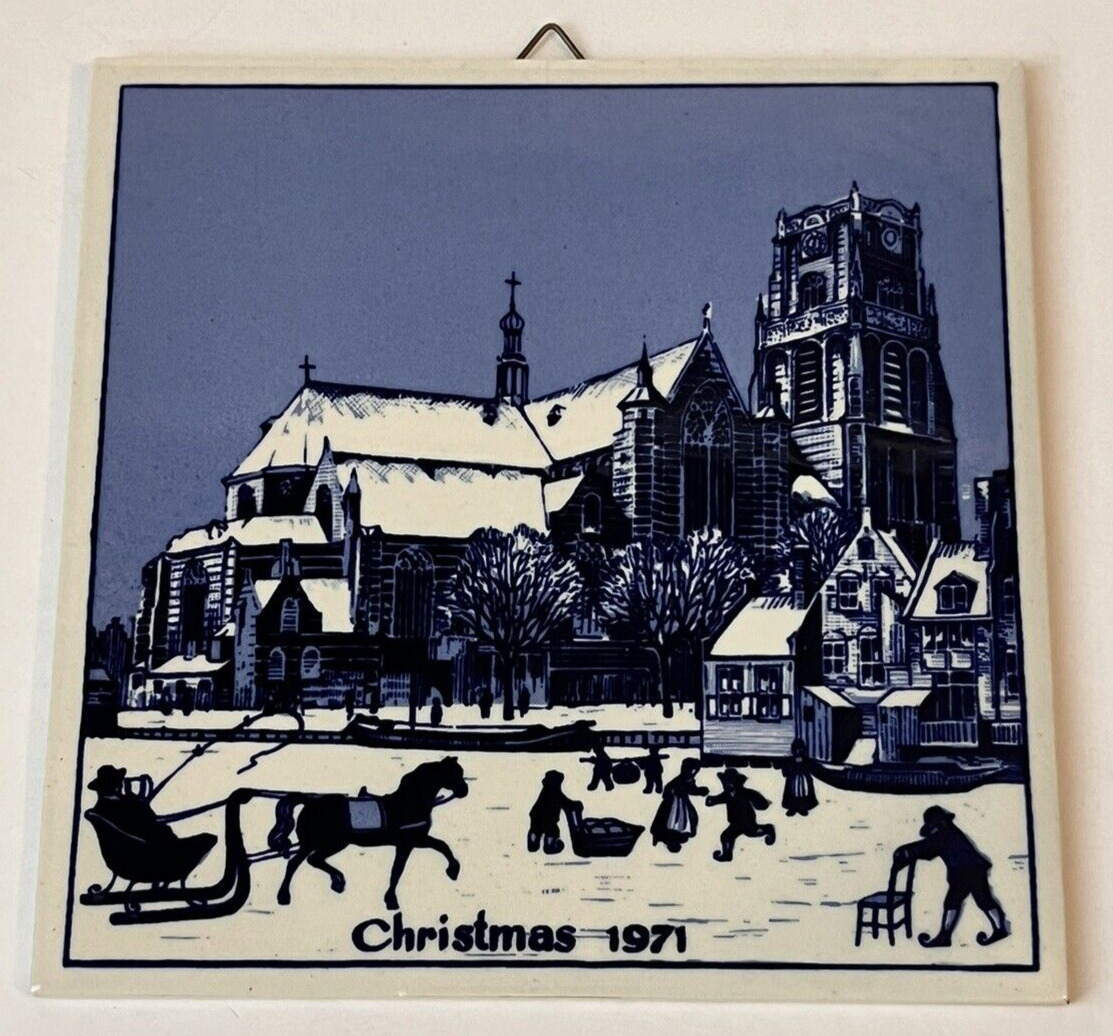 Vintage 1971 Christmas Genuine Delft St. Laurens Church Hanging Tile Trivet