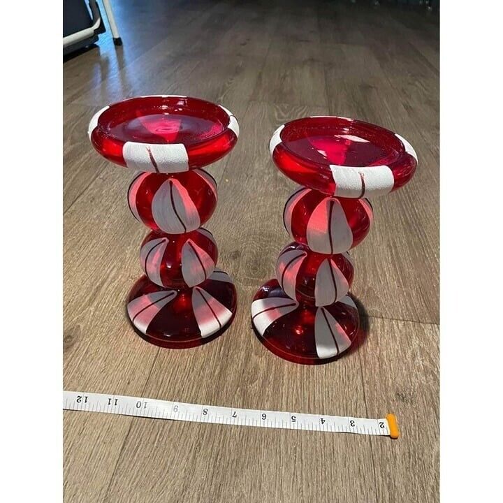 Set of two Christmas glass candy cane candleholders