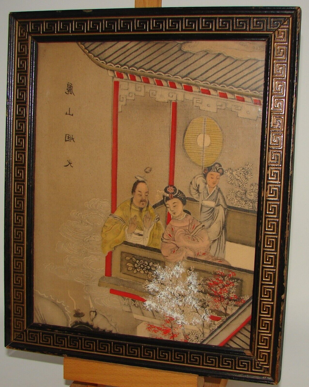 Vintage Framed Chinese Woodblock Print Man & Woman on Balcony
