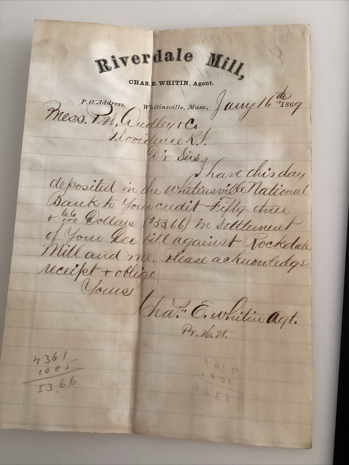 1869 Handwritten Letter Riverdale Mill Chas E Whitin Whittinsville Massachusetts