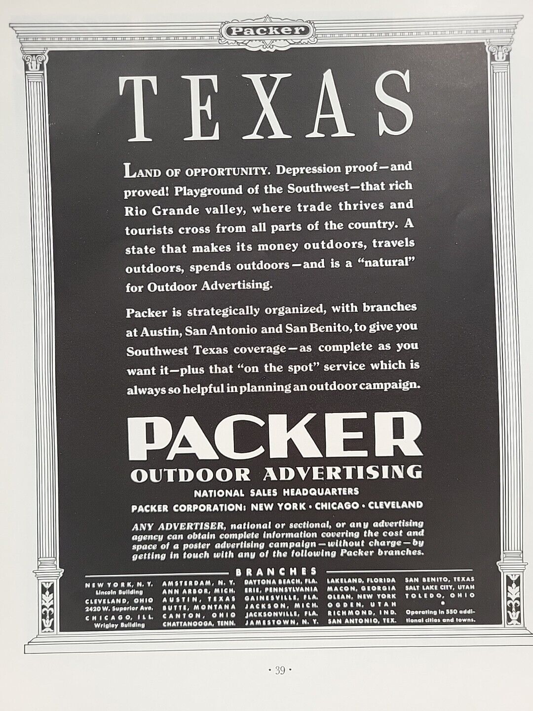 1935 Packer Outdoor Advertising Texas Billboards Fortune Magazine Print Ad