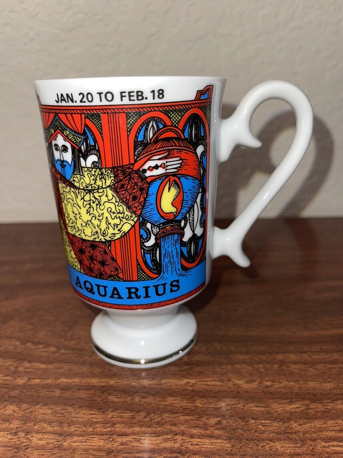 Vintage Aquarius Mug, Royal Crown Arnart Smug Mugs, Retro Footed Zodiac Mug