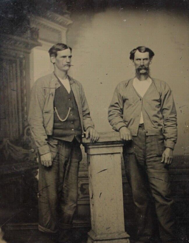 Antique Tintype Named ID Cottrell & Geo Cothill Rugged Men Huge Mustache D30248
