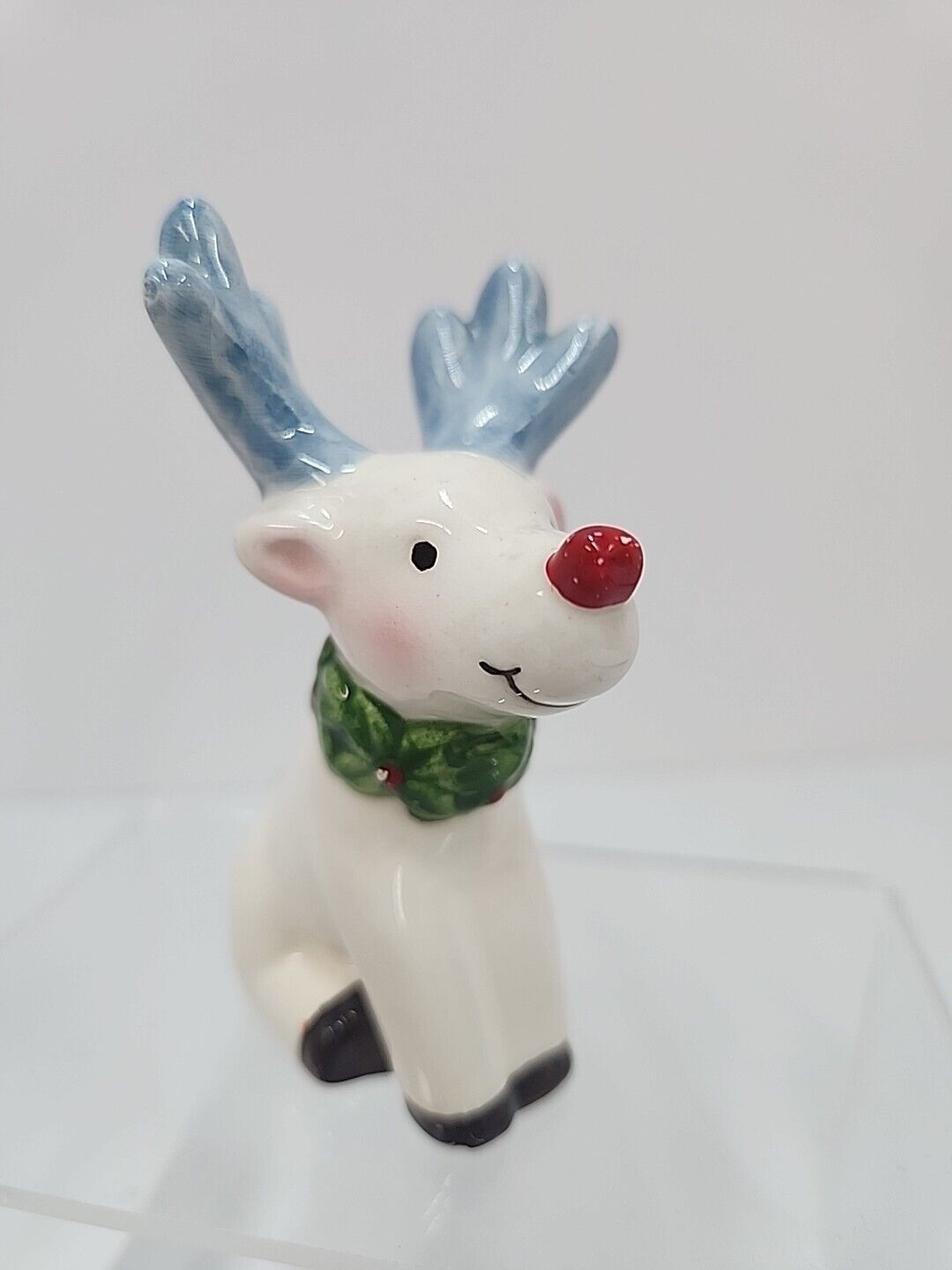 Vtg Napco Blue Antlers & Tail Red Nose Reindeer Christmas Ceramic Figurine Rare 