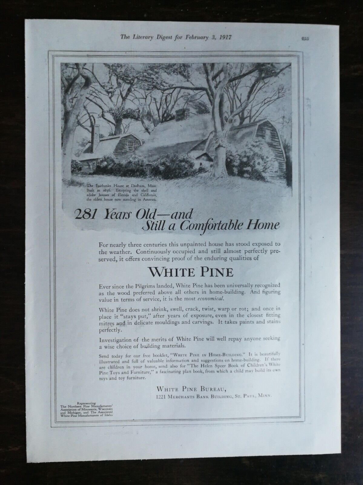 Vintage 1917 White Pine Wood Bureau Full Page Original Ad 222