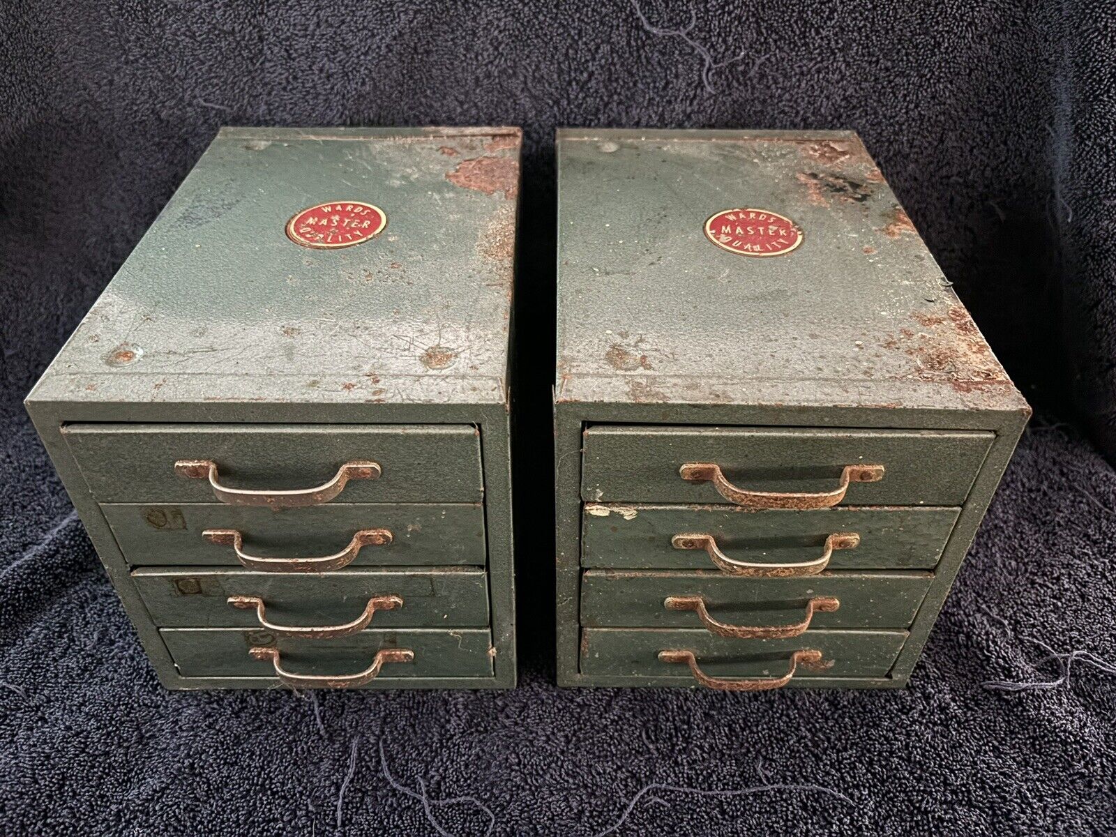 2 Vintage WARDS Master Quality 4 Drawer Metal Small Storage Cabinet Stackable