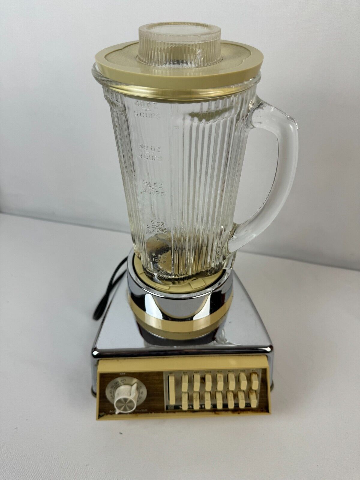 Vintage 70's Waring Solid State Blender Model #11–183 Silver Body with Woodgrain