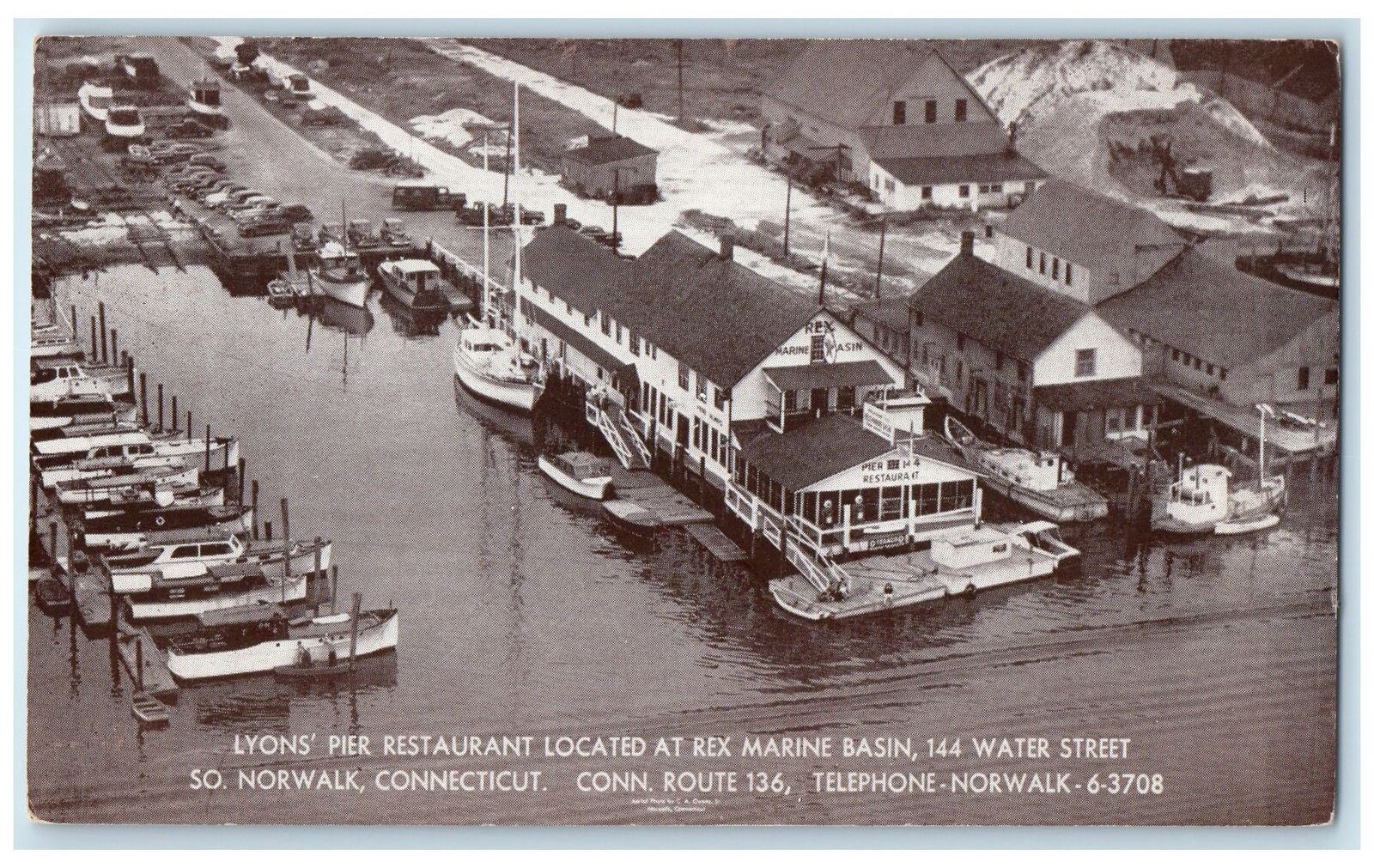 c1960s Lyon\'s Pier Restaurant Rex Marine Basin Norwalk Connecticut CT Postcard
