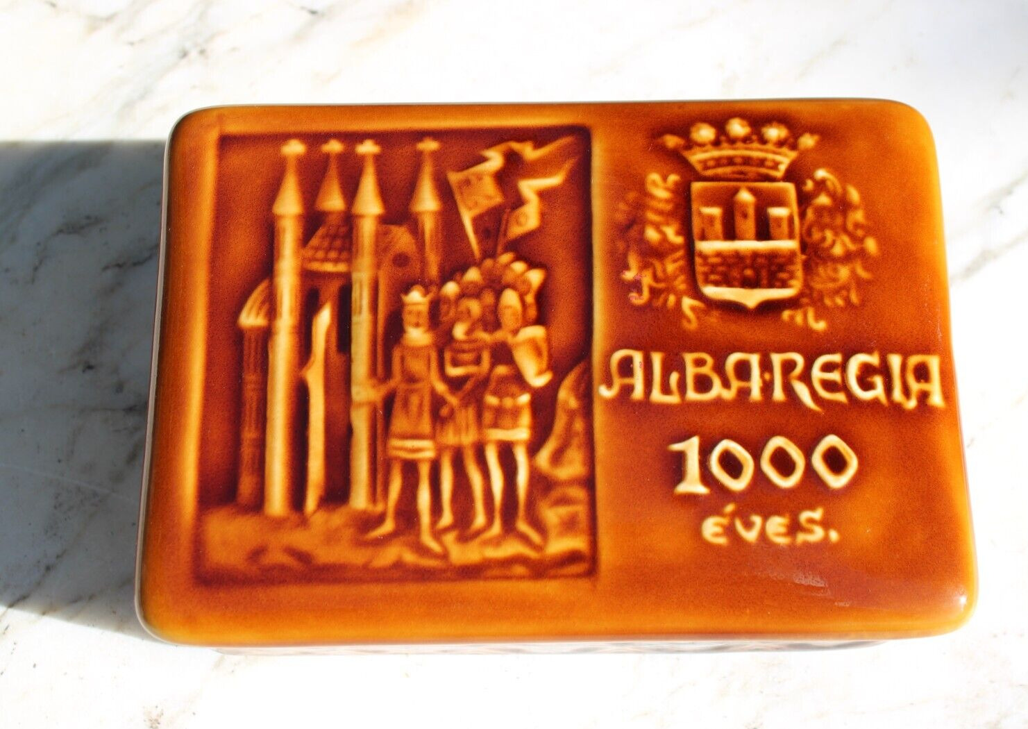 Antique Vintage Hungarian Granit Hungary Pottery Box Alba Regia 1000 Eves