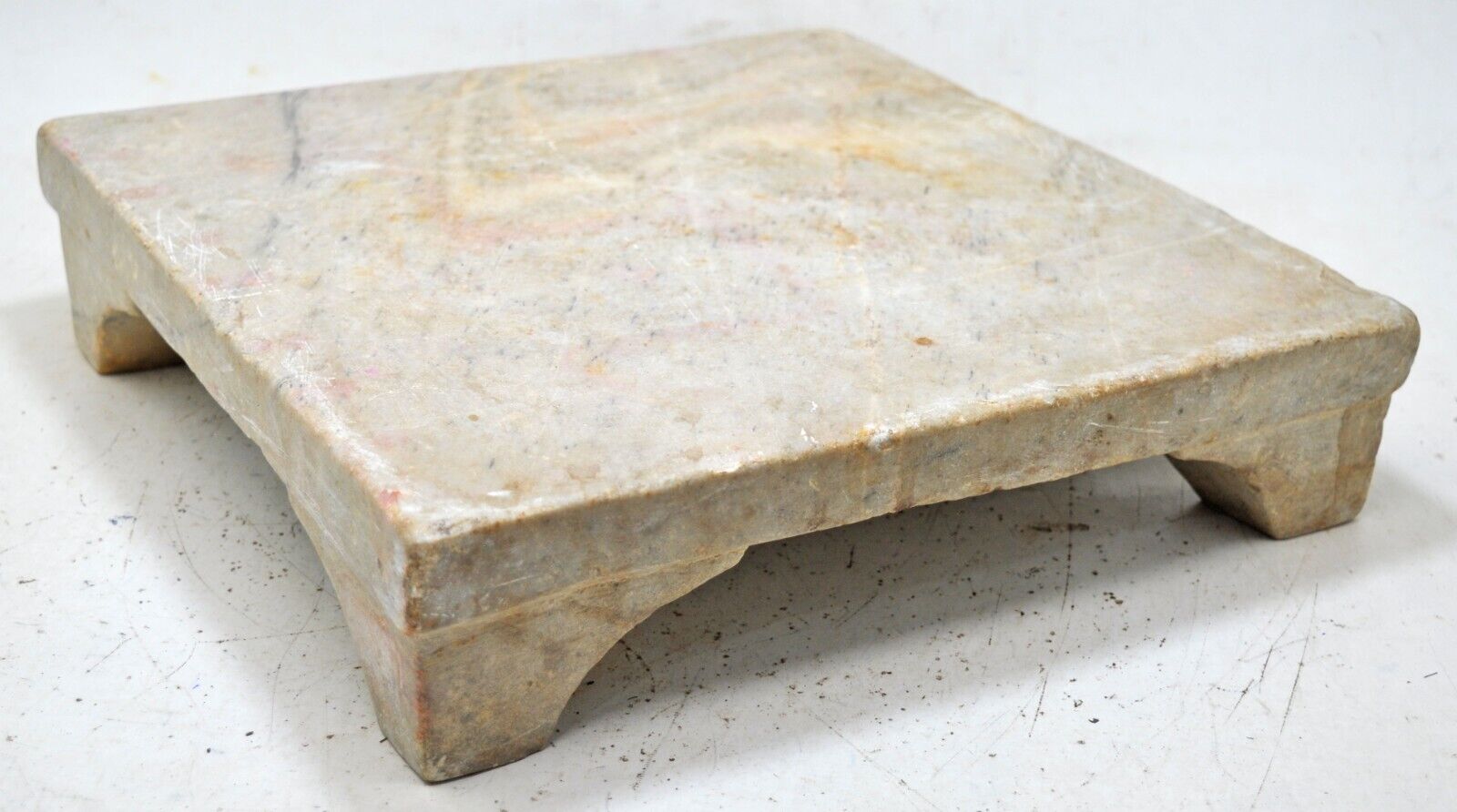 Antique White Marble Square Heavy Bajot Floor Stool Original Old Hand Carved
