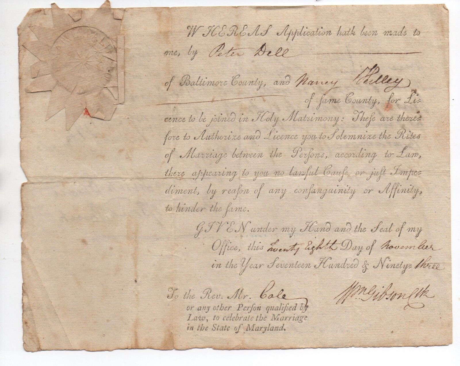 Rare 1793 Marriage License from  Baltimore County Maryland with Seal