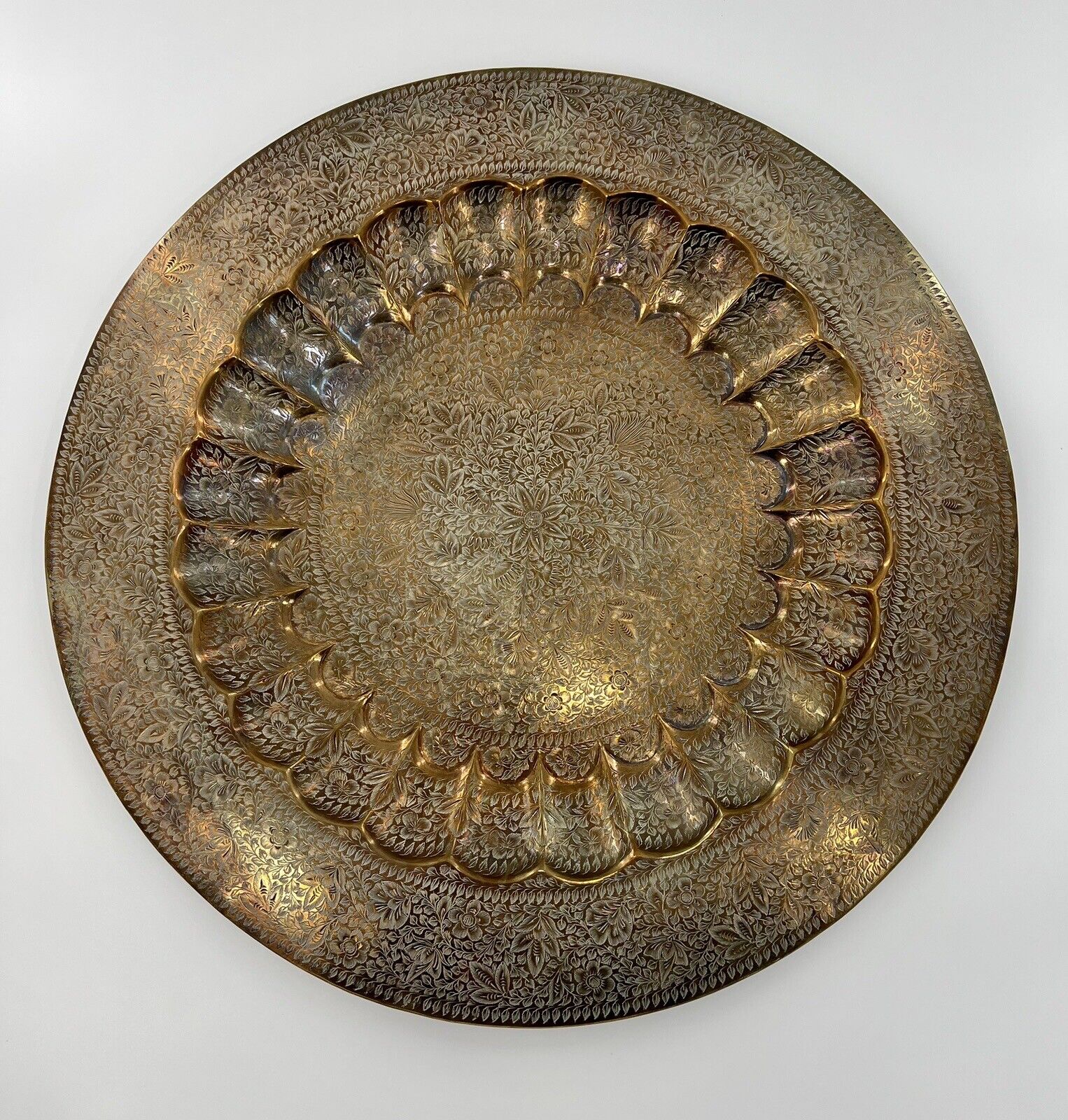 23” Round Antique Patinated Polished Brass Tray/Hand Crafted/Decorative Tray