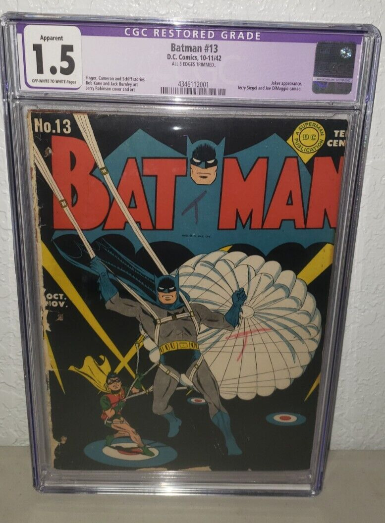 Batman #13 CGC 1.5  1942 Classic WW2 Cover Joker Appearance Bob Kane Art