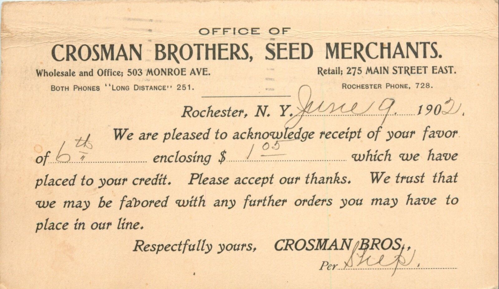 Crosman Brothers, Seed Merchants, Rochester, New York NY 1902