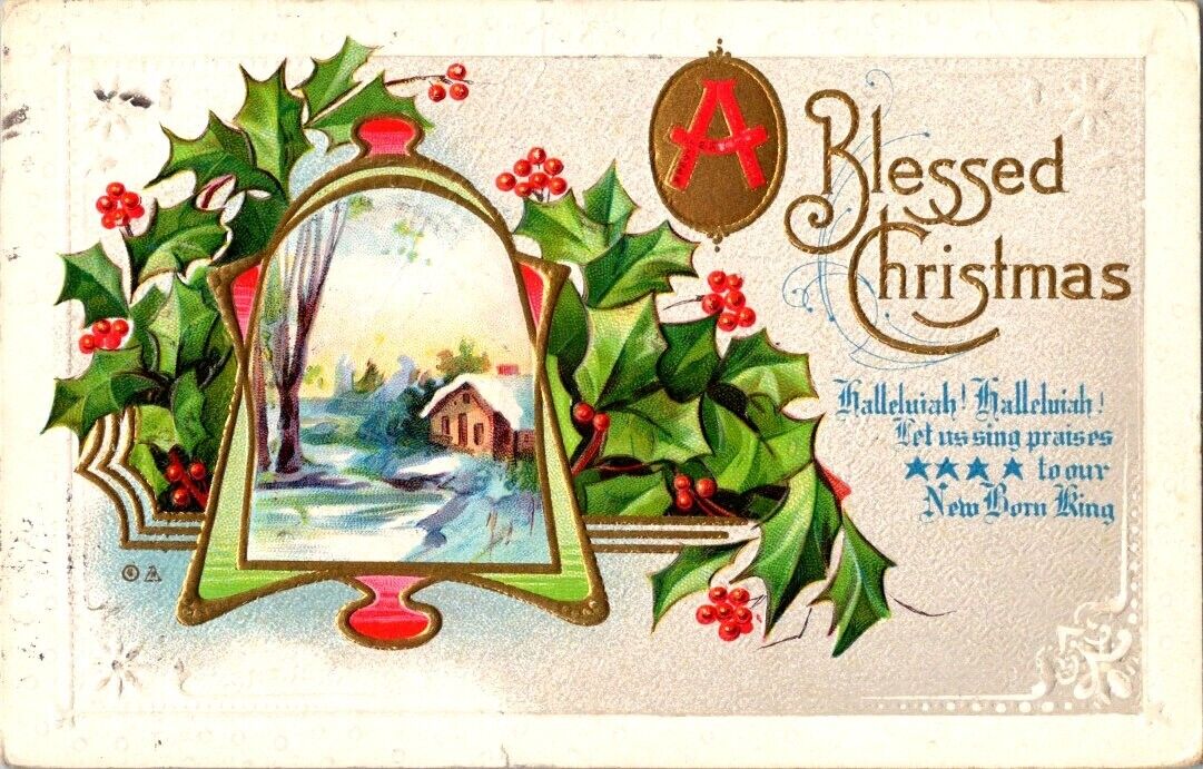 ANTIQUE Post Card Scene in Bell Shape Blessed Christmas posted 1917