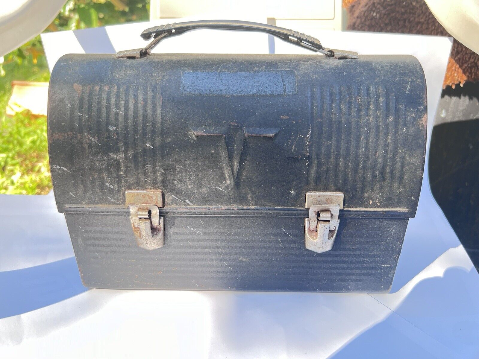 Vintage 1940\'s Thermos  Black Metal Industrial Dome Top Lunchbox Toolbox