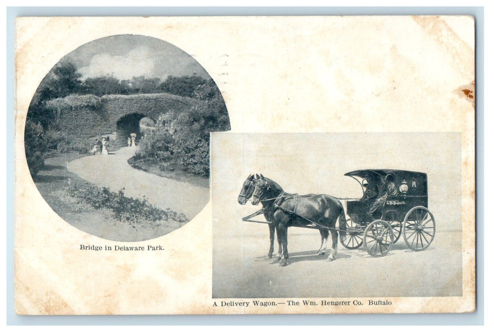 1908 Bridge In Delaware Park Delivery Horses Wagon Buffalo New York NY Postcard