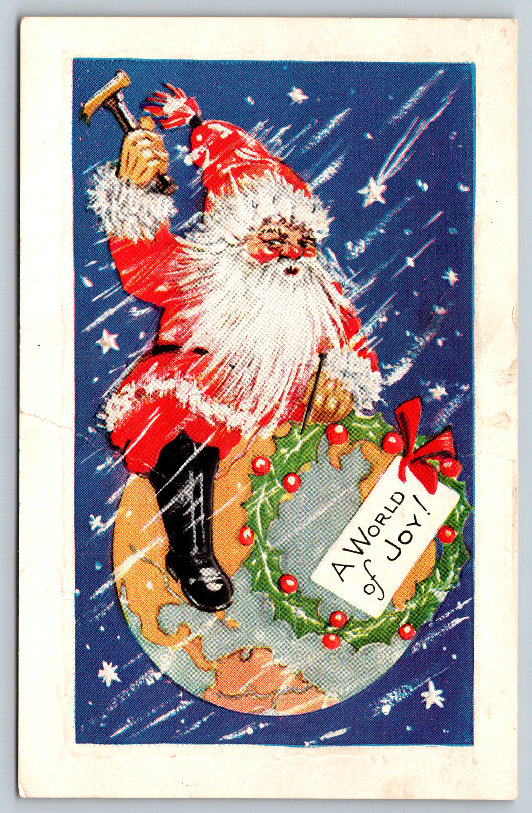c1910s Embossed Santa Clause World of Joy Sitting On Globe Antique Postcard