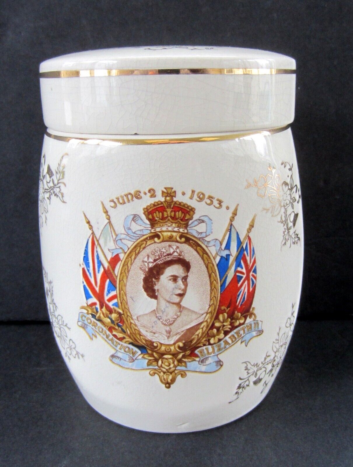 Sandland Ware England Queen Elizabeth II 1953 Coronation Tea Caddy/Jar wLid 5\