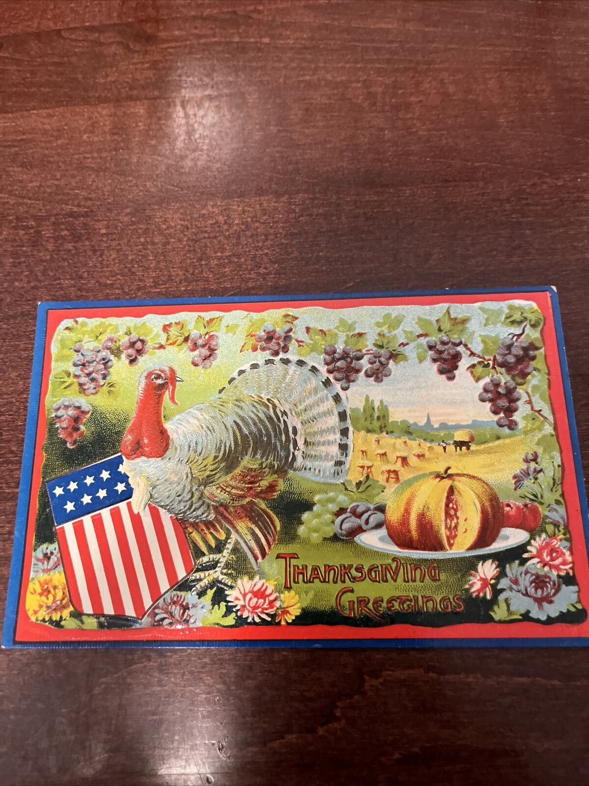Thanksgiving Antique Greetings patriotic - Turkey with Eagle US Flag Shield