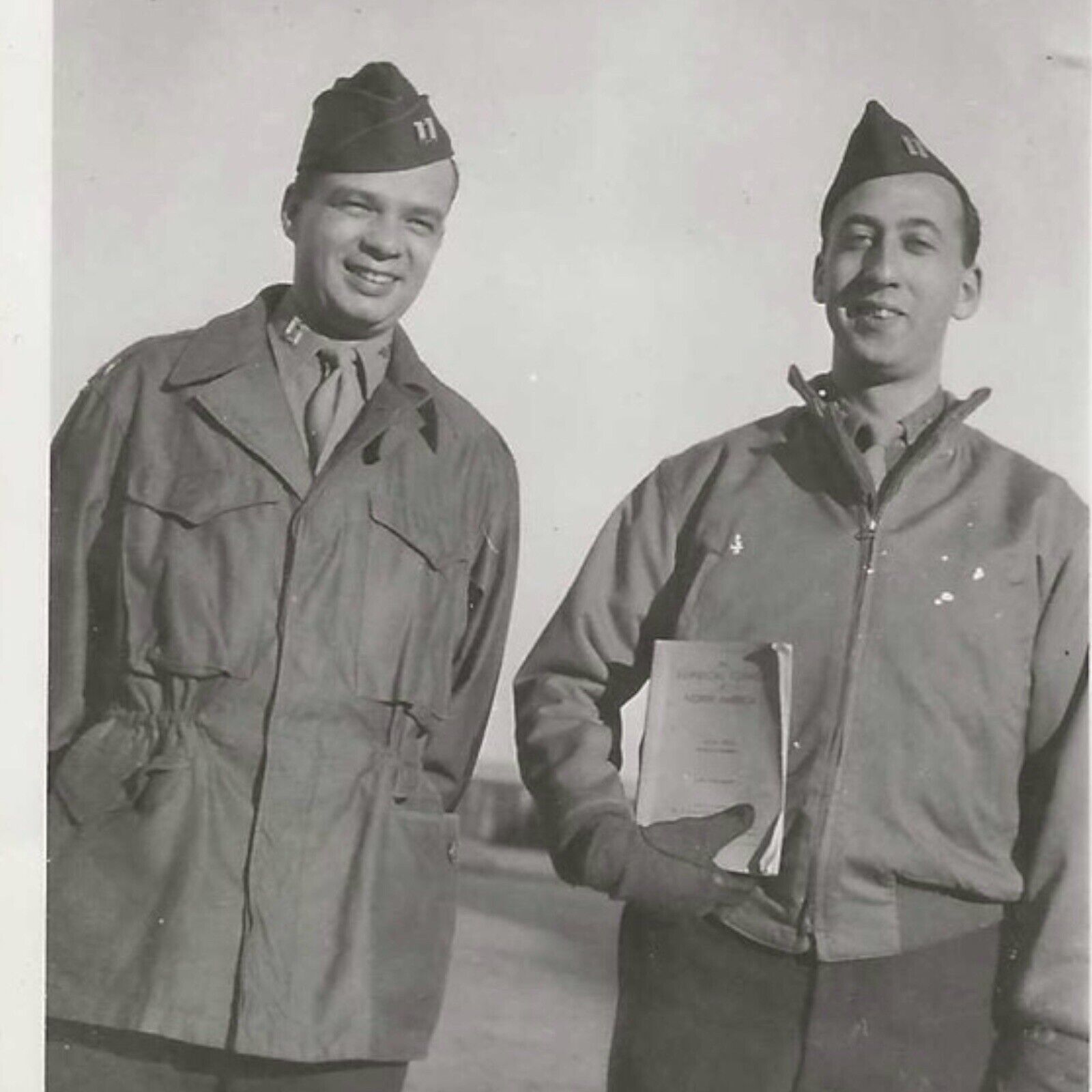 Vintage Snapshot Photo Two Men Military Uniforms Holding Book Atlantic City 1946