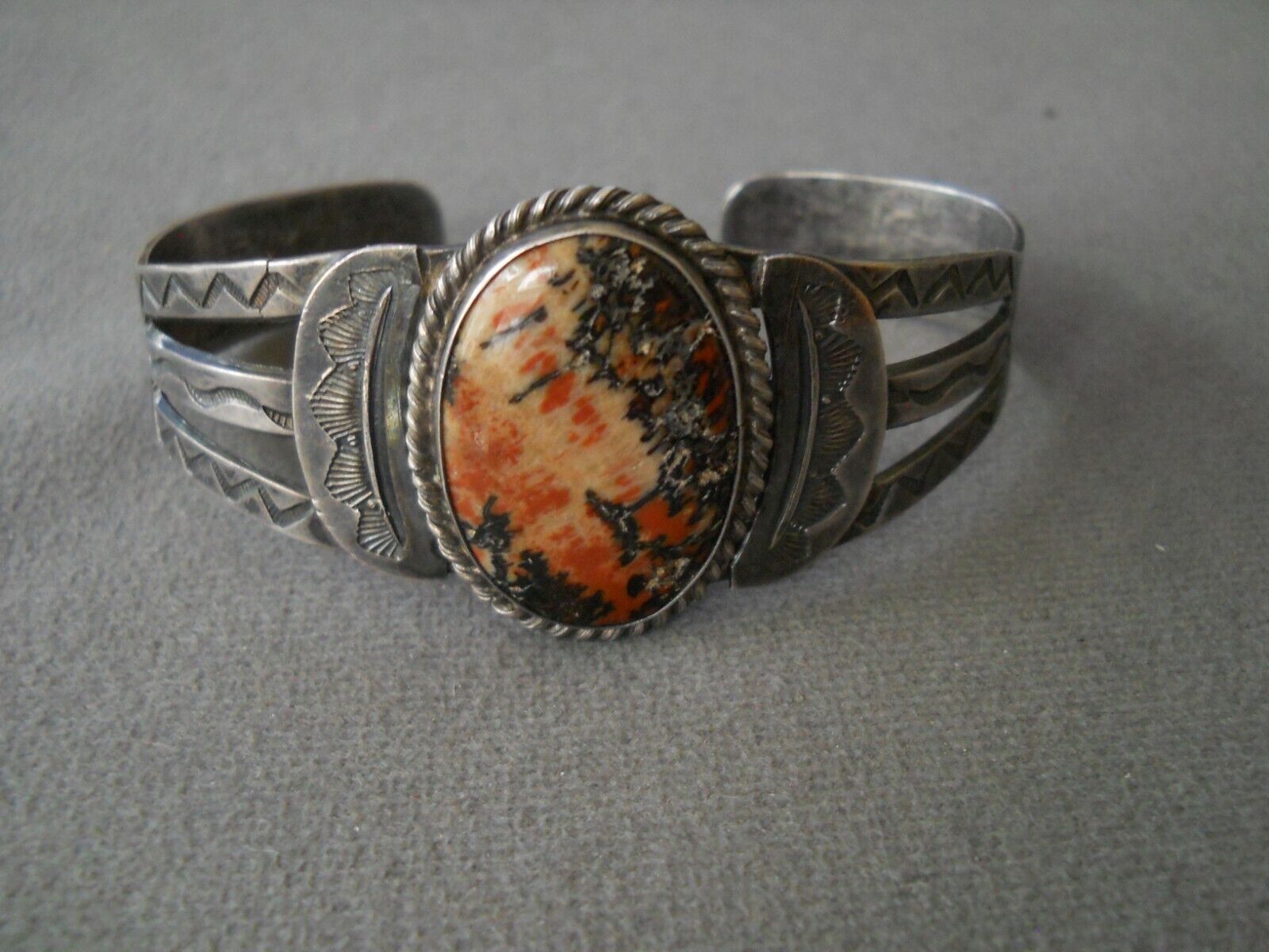 Old Southwestern Native American Petrified Wood Sterling Silver Stamped Bracelet