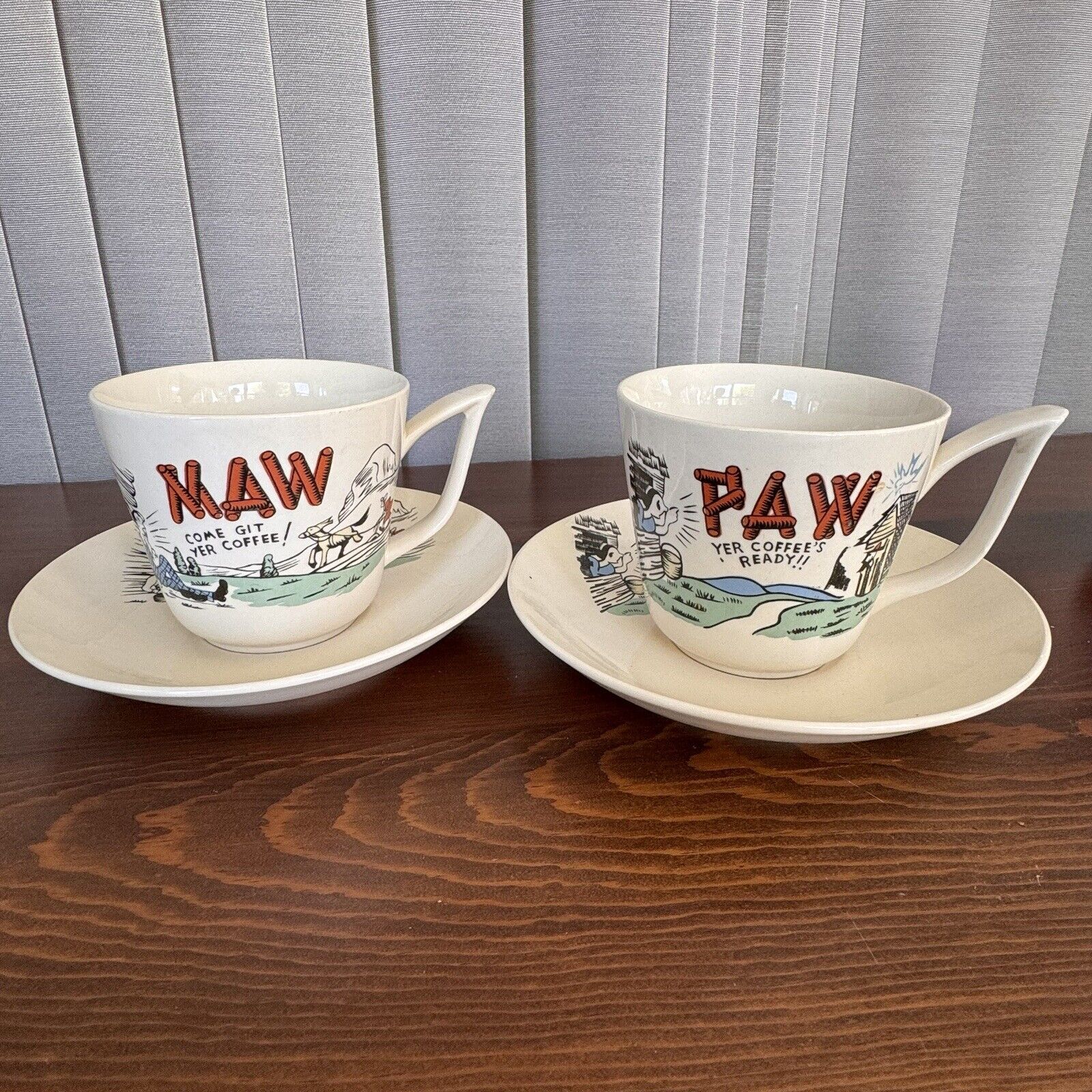 Vintage RARE MAW & PAW Hillbilly Coffee Mug Cup And Saucers Come Git Yer Coffee