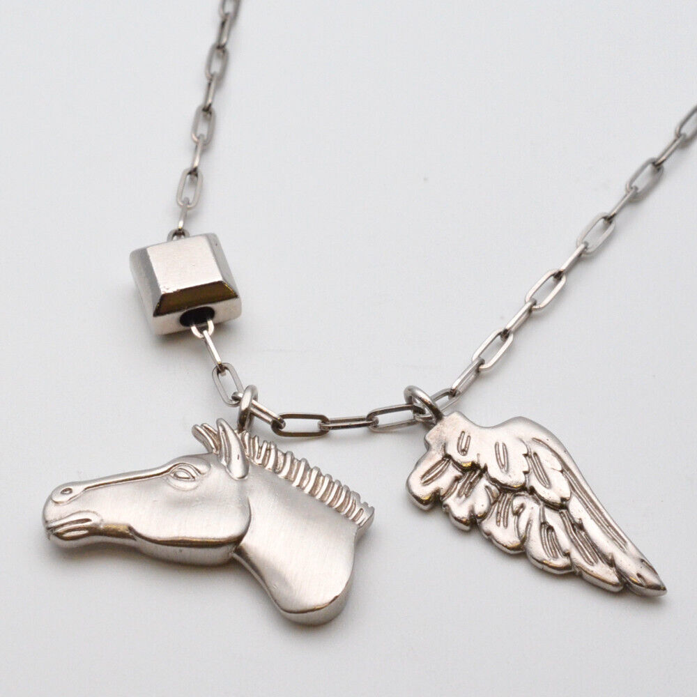 Hermes Talisman Pegasus Pendant Necklace Silver Horse Feather Chain Length Appro