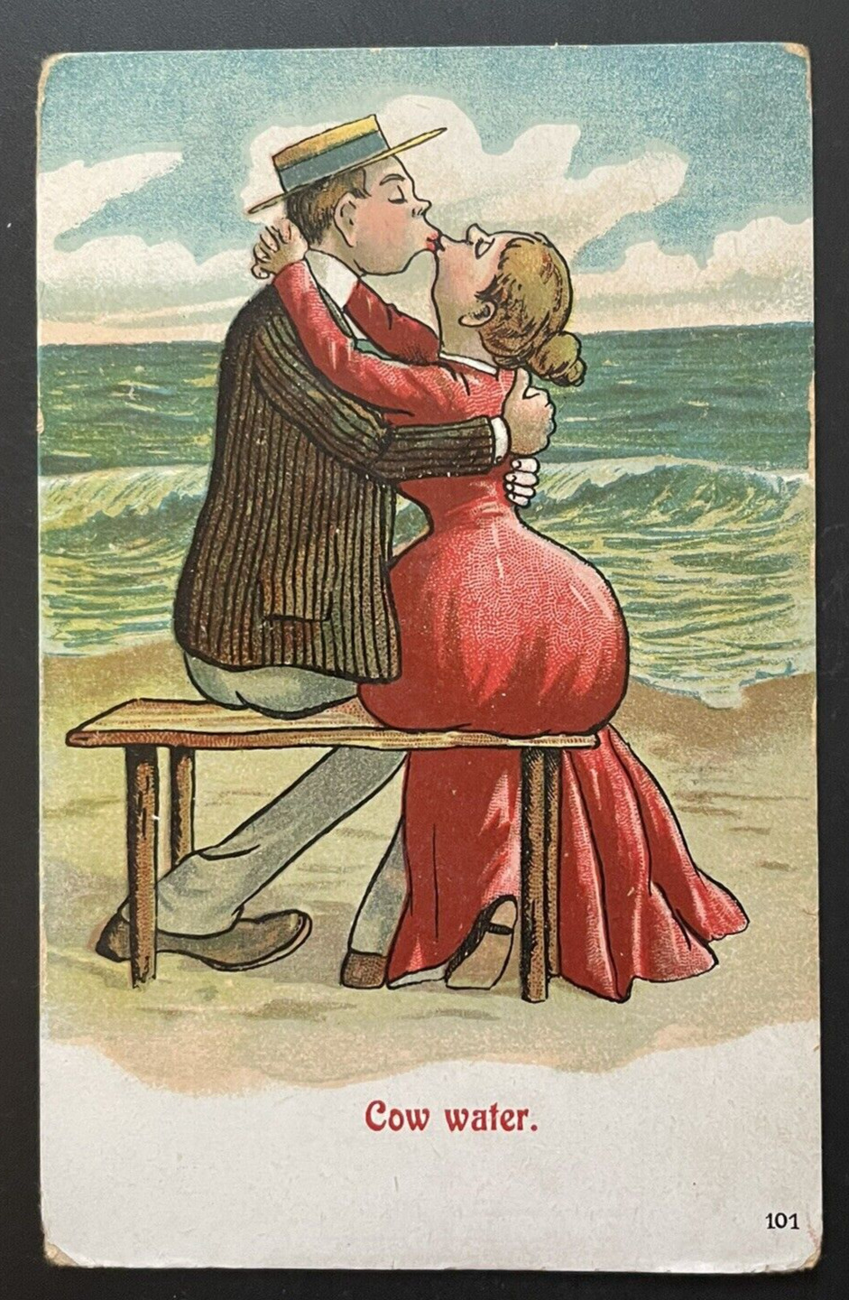Antique Postcard 1909 Cow Water Kissing Couple Seaside Divided Unposted #101