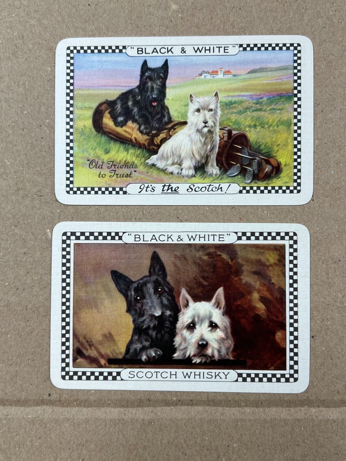 Pair Of vintage Old BLACK WHITE Whisky Advertising Art TERRIER DOGS P. Cards