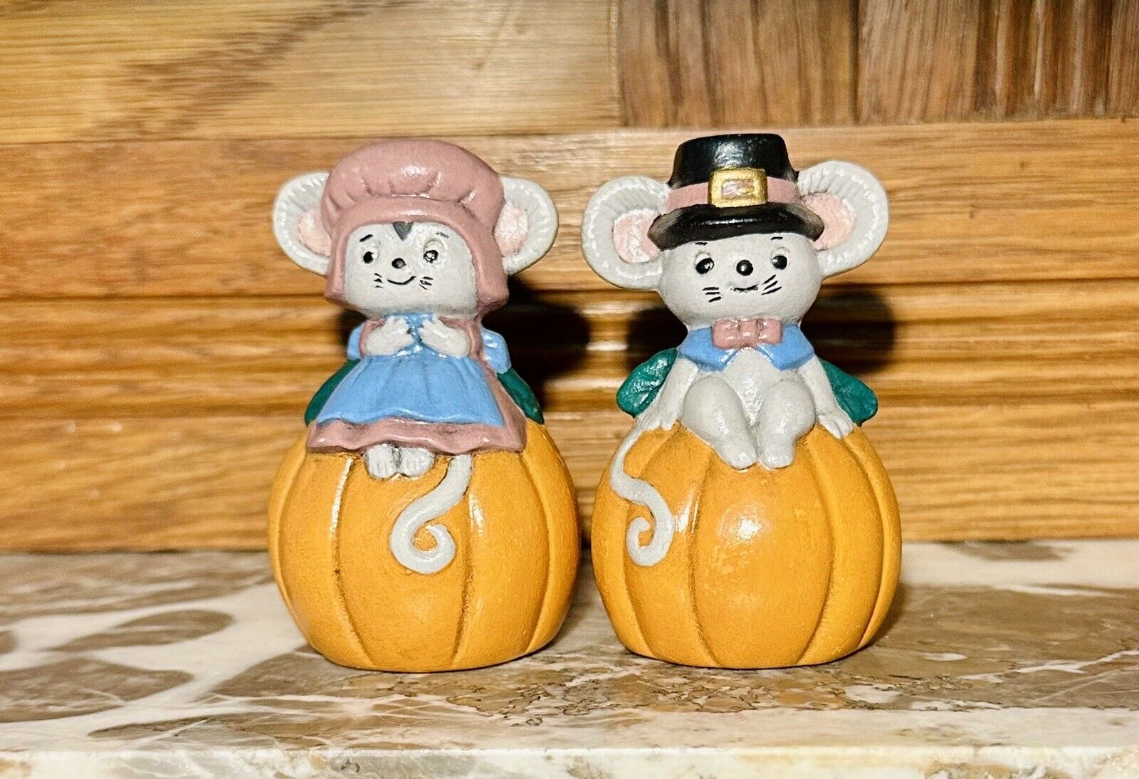 Vintage Lefton Pilgrim Mice On Pumpkin Figurines