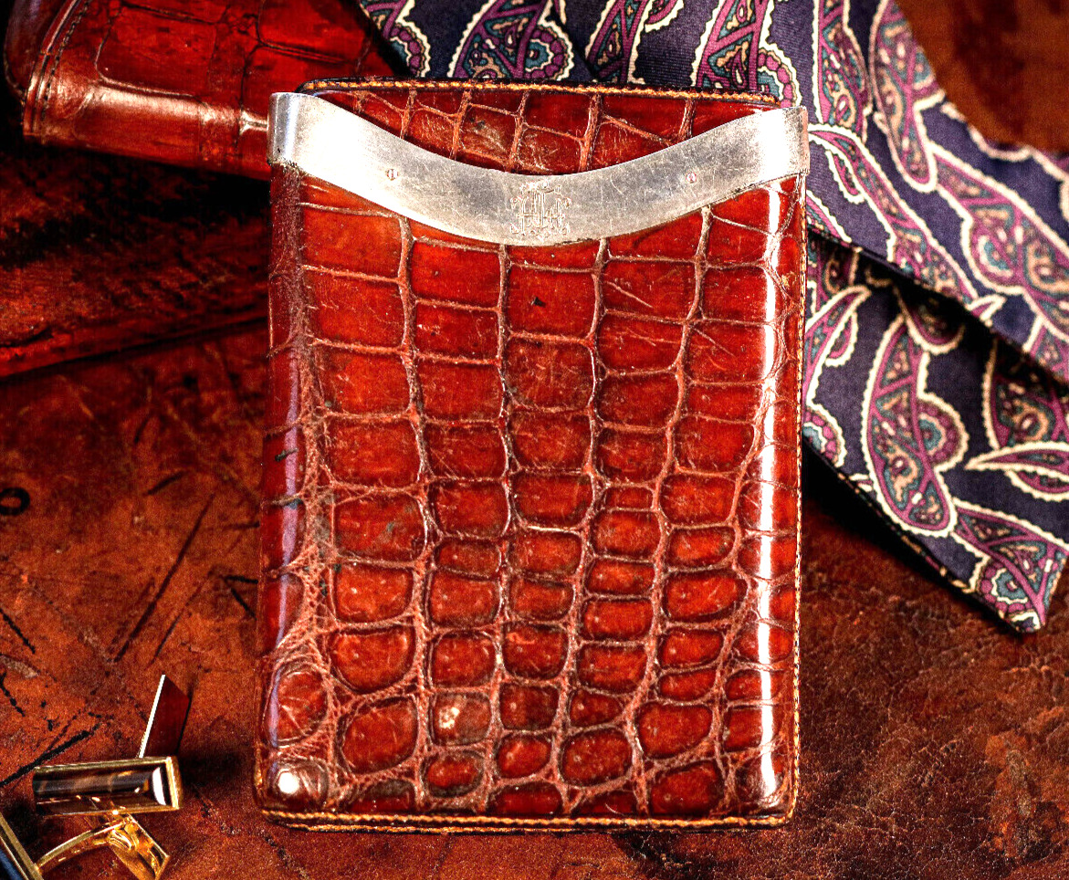 Stunning Antique Victorian Crocodile Leather Sterling Silver Cigar Case Holder