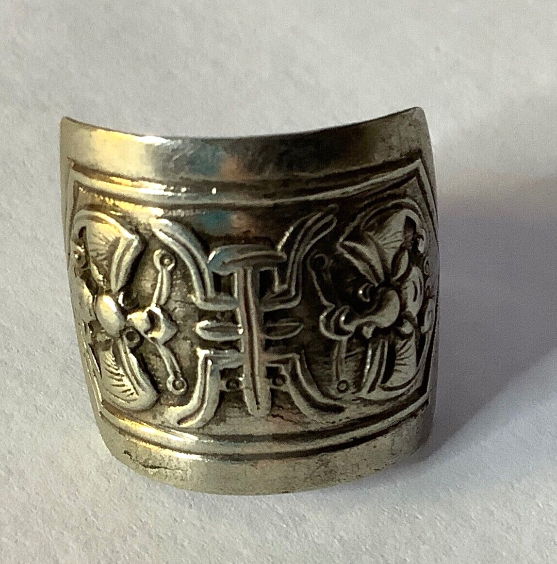 ANTIQUE QING Sterling SILVER BATS LONGEVITY  SHOU SIGN Chinese RING  Adjustable