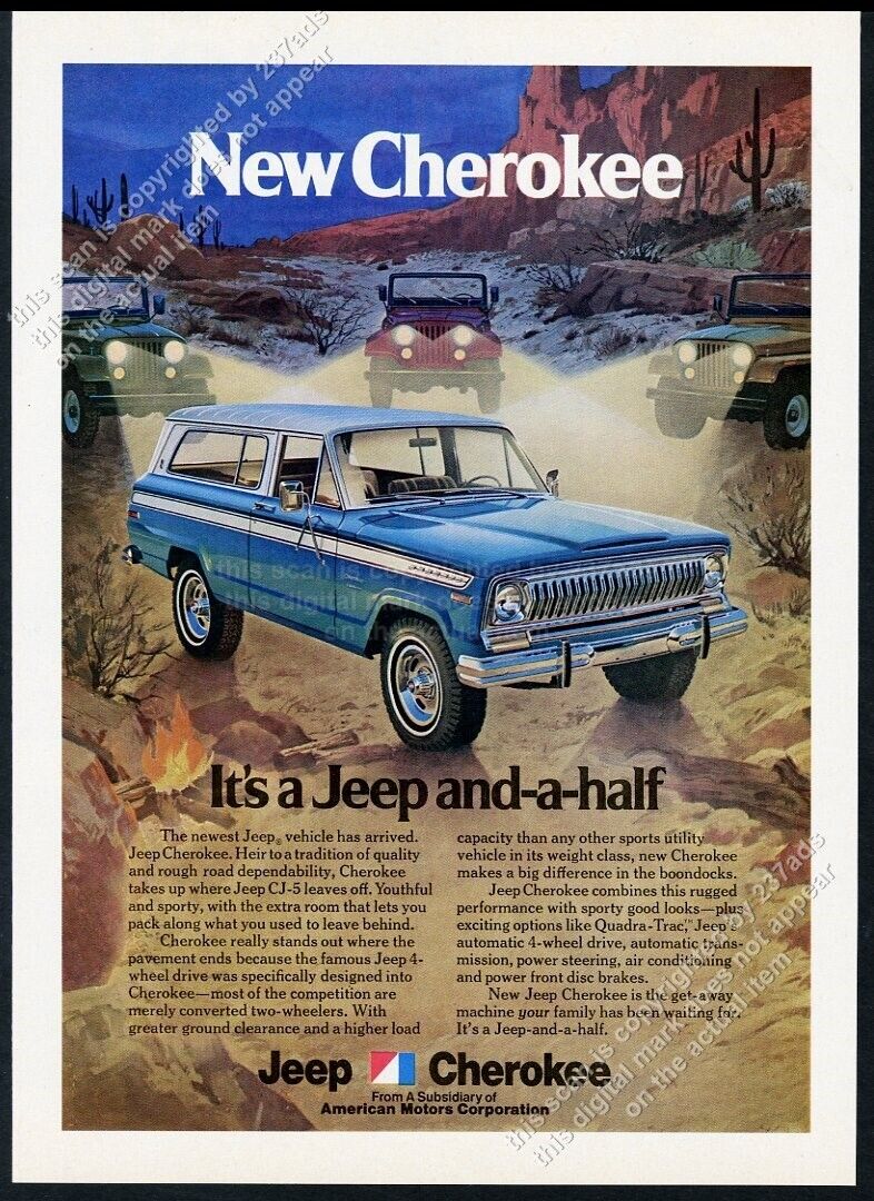 1974 Jeep Cherokee blue SUV desert twilight art vintage print ad