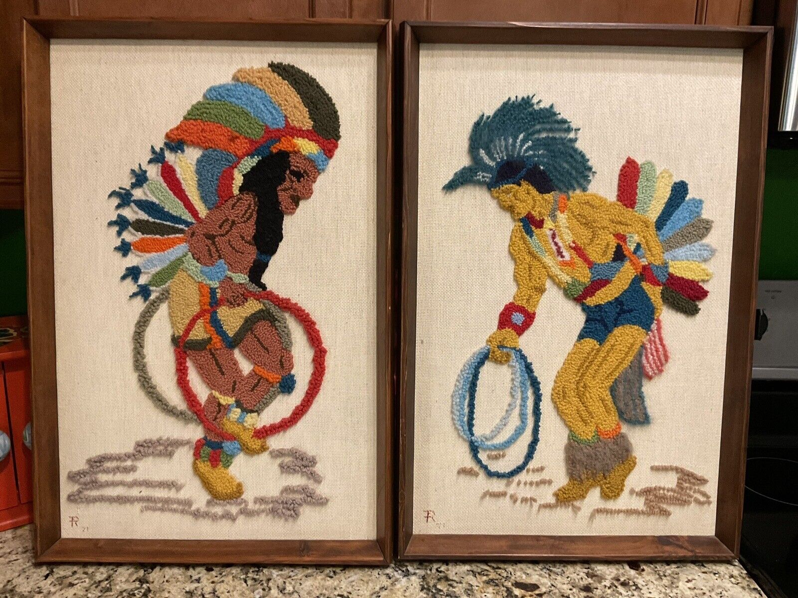 Vintage Yarn Art  Native American Hoop Ceremonial Hoop Dancers Pair
