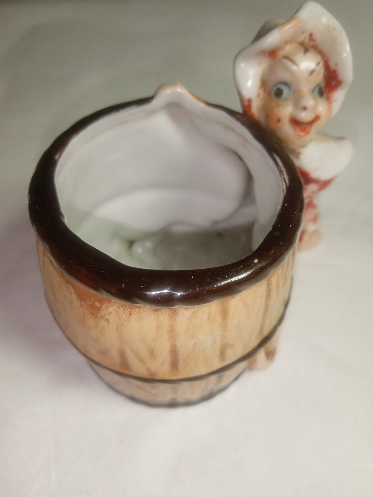 Vintage Pixie Hiding Behind a Barrel Made in Occupied Japan