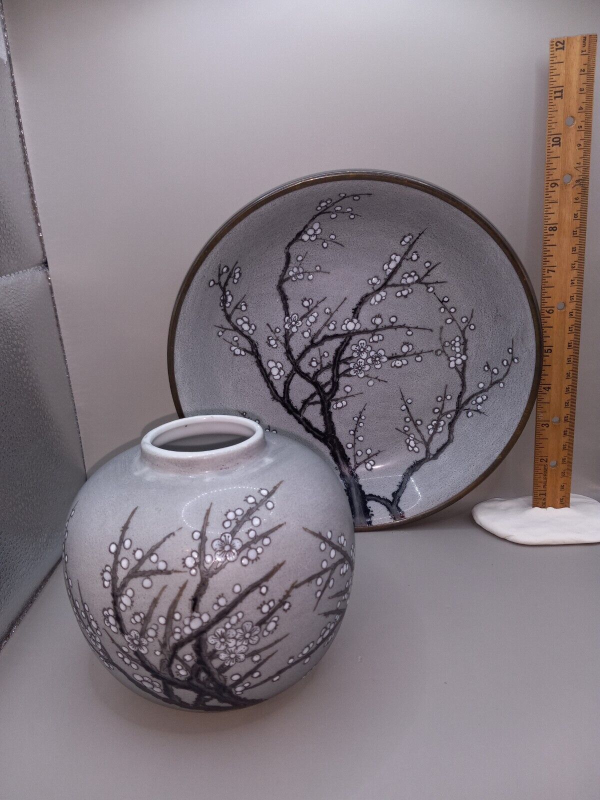 Vintage A NORA FENTON DESIGN Porcelain Grey Blossom Tree LOW BOWL & Vase