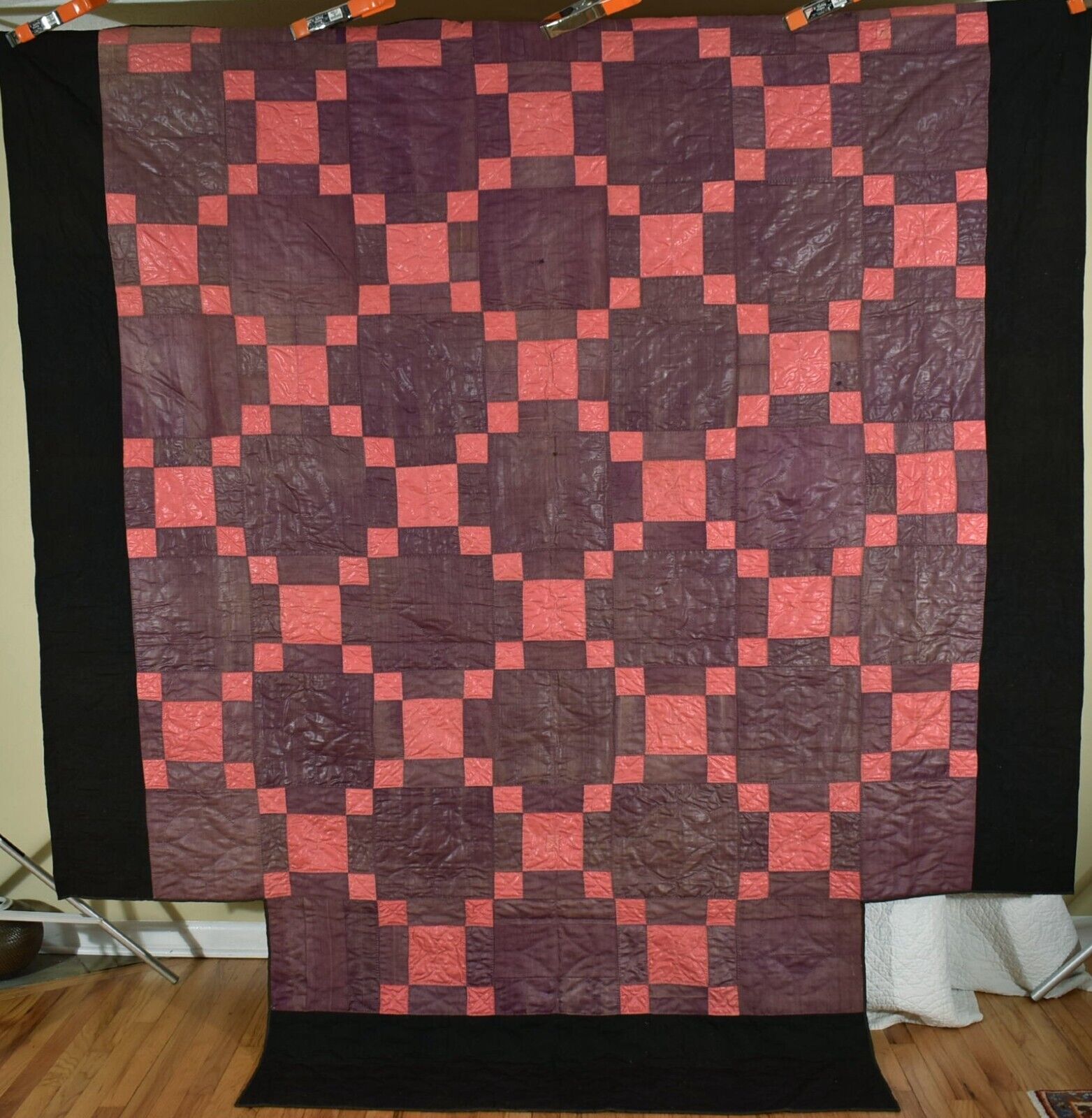 RARE, Very Early 1790's Pieced Glazed Linsey-Woolsey Nine Patch Antique Quilt