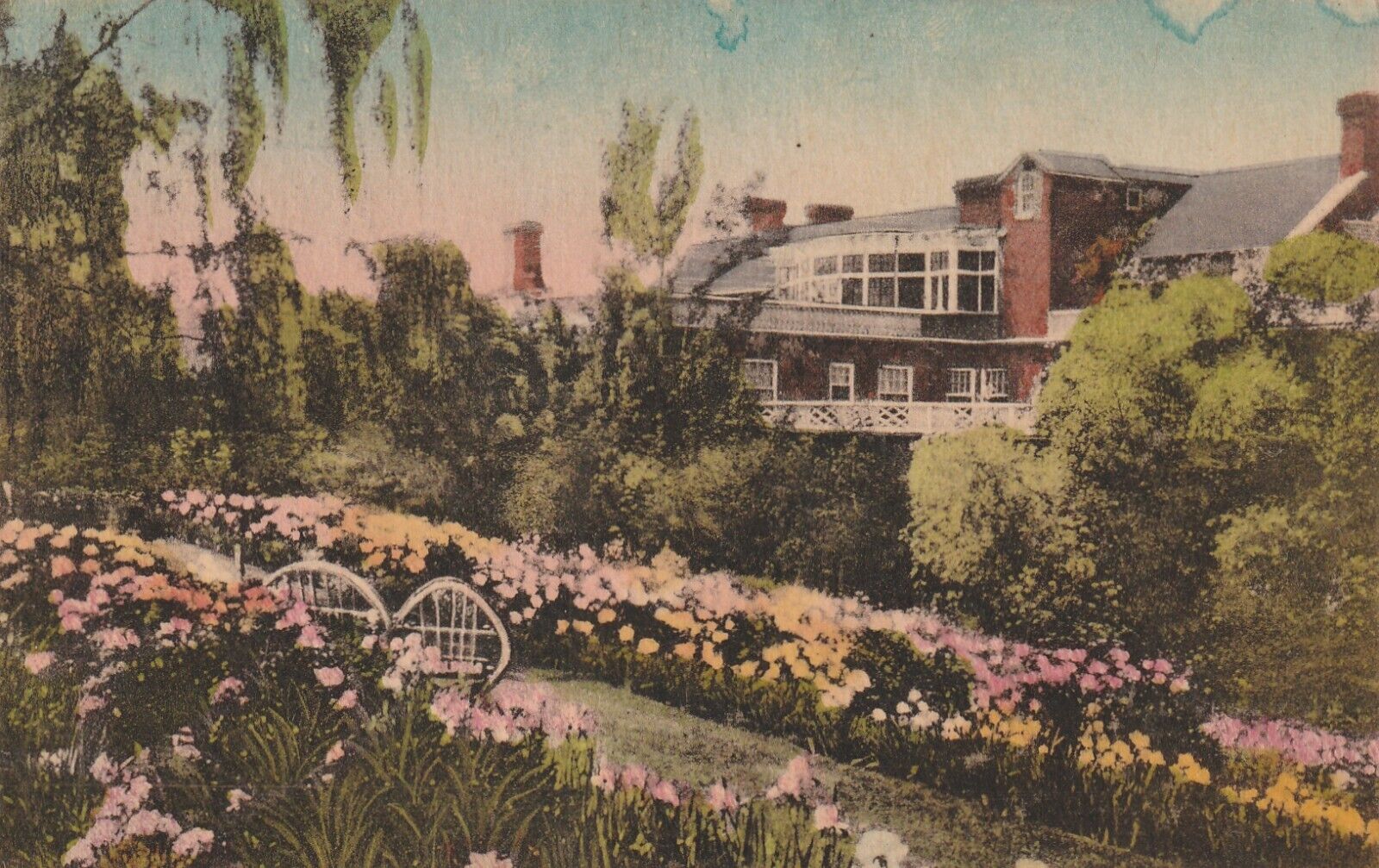 Vintage Postcard Luray Virginia Mimslyn Hotel Gardens Handcolored