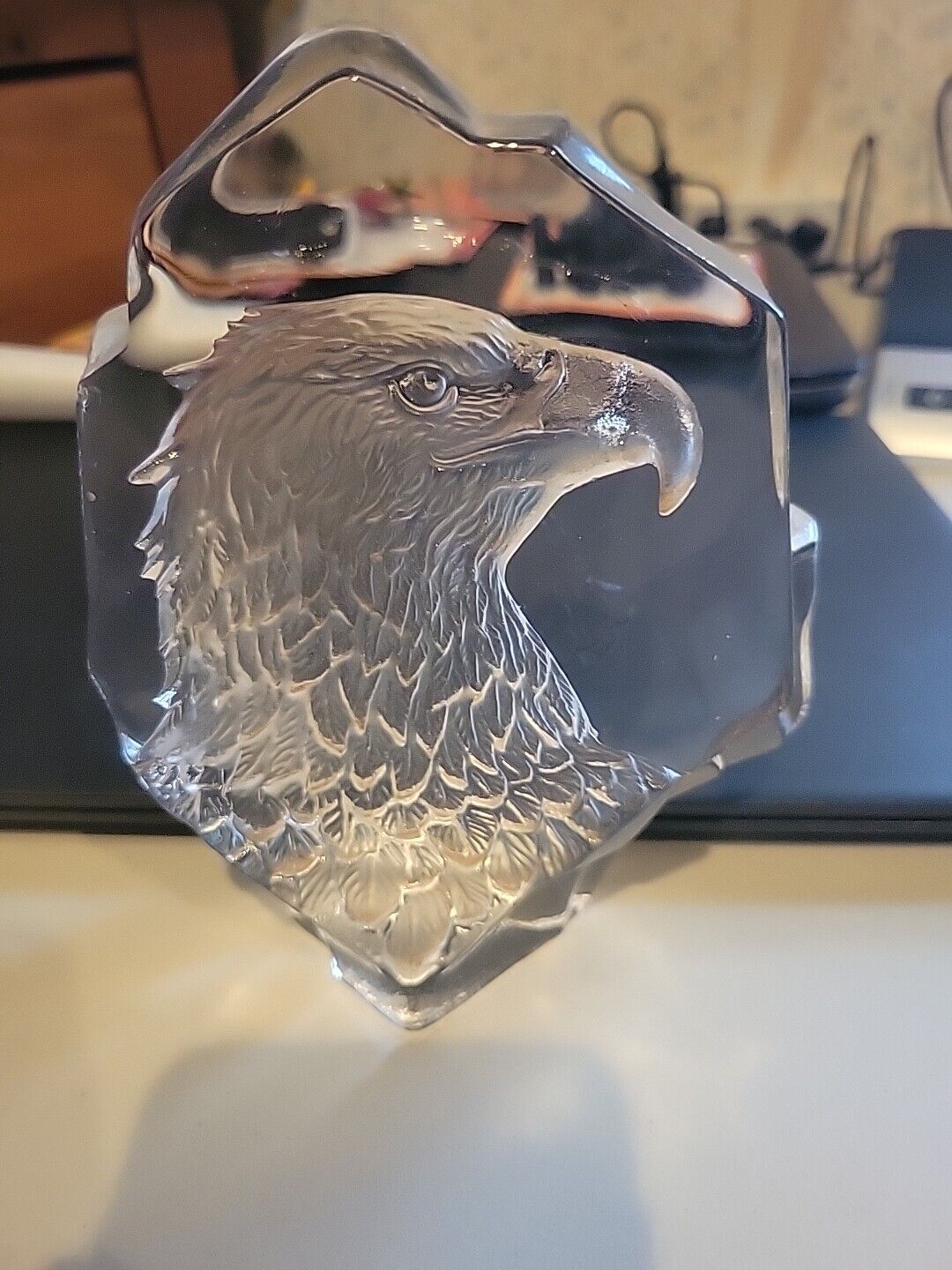 Clear Glass Etched Eagle Paperweight Lead Crystal 6\