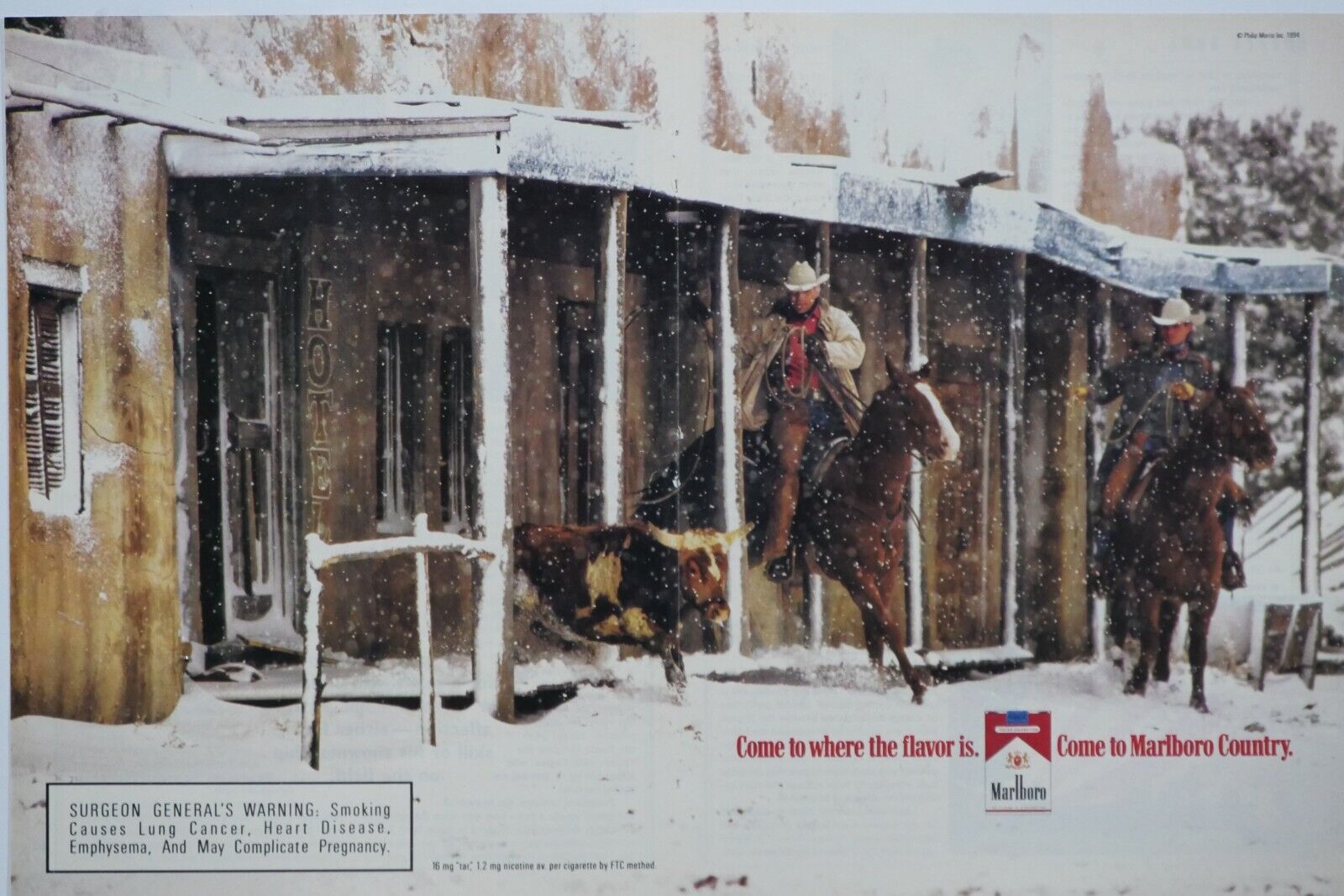 Marlboro Man Men In Snow Vintage 1994 Original Center Fold Print Ad 16 x 11