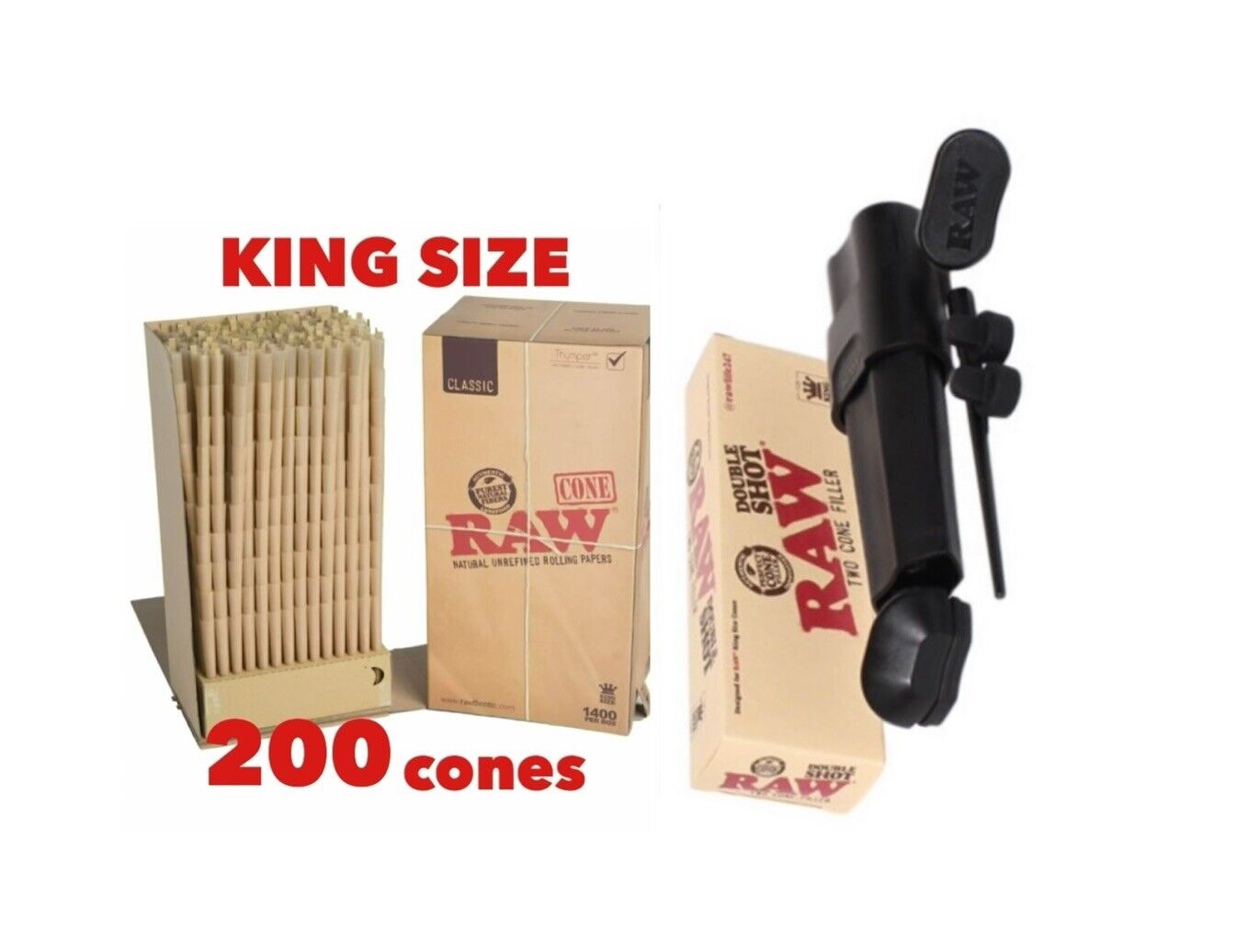 raw classic KING size pre rolled cone+RAW double shot 2 cone filler loader